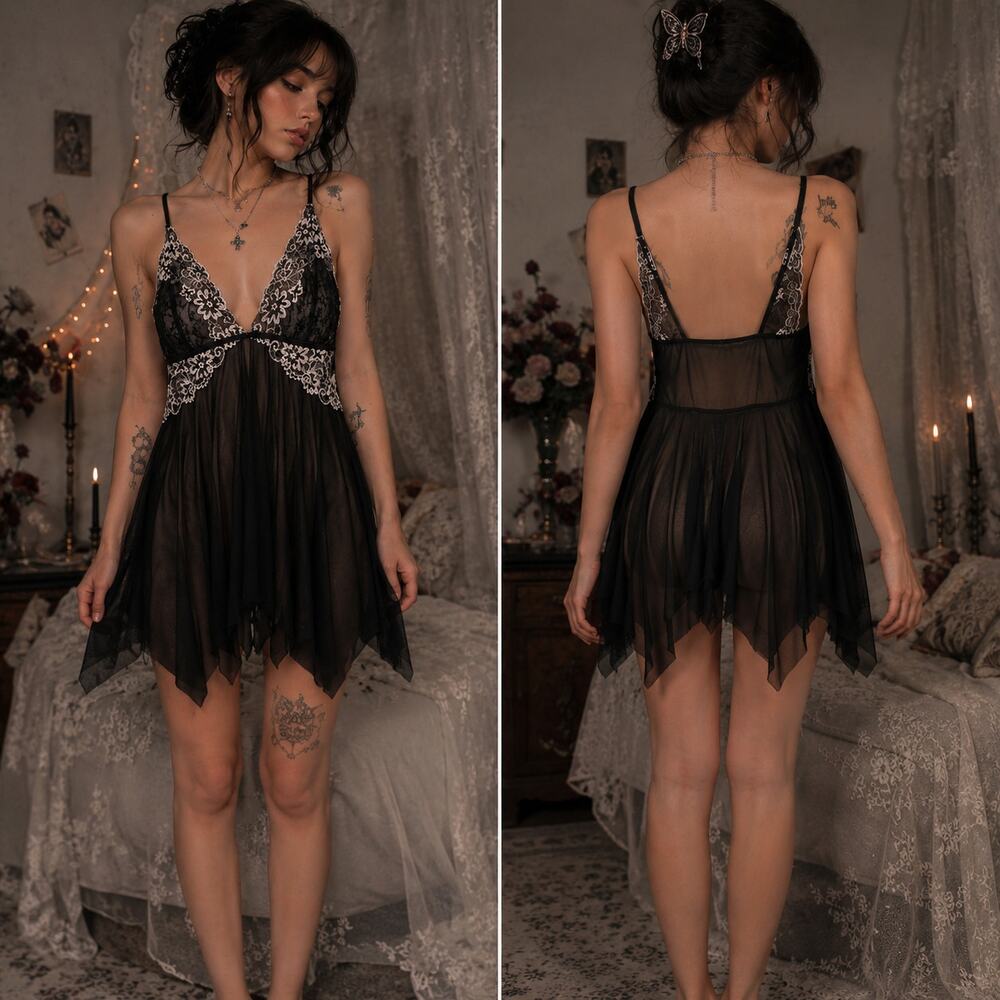 Y2K Whimsigoth Mesh Lace Top XL Embroider Hanky Hem Sexy Babydoll Sheer Avidlove